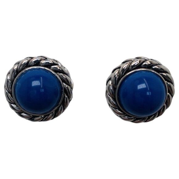 Women’s Royal Blue Twisted Silver Tone Nautical Button Clip On Vintage Earrings - Picture 3 of 7